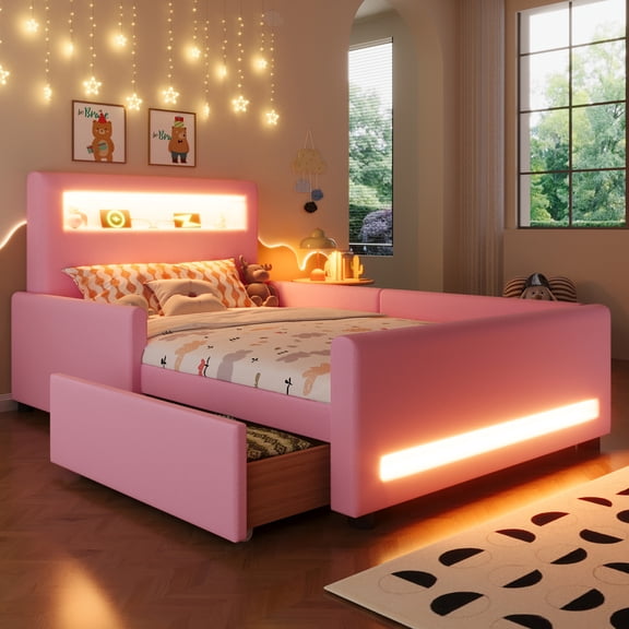 Euroco Upholstered Twin Size Platform Bed with LED Light and USB Ports, 2 Drawers, Pink
