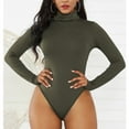 thumbnail image 2 of Women's Long Sleeve Bodysuit - Turtleneck, Slim Fit, Pure Color, High Elasticity, Snap Closure - Olive Drab Green, Medium, 2 of 6