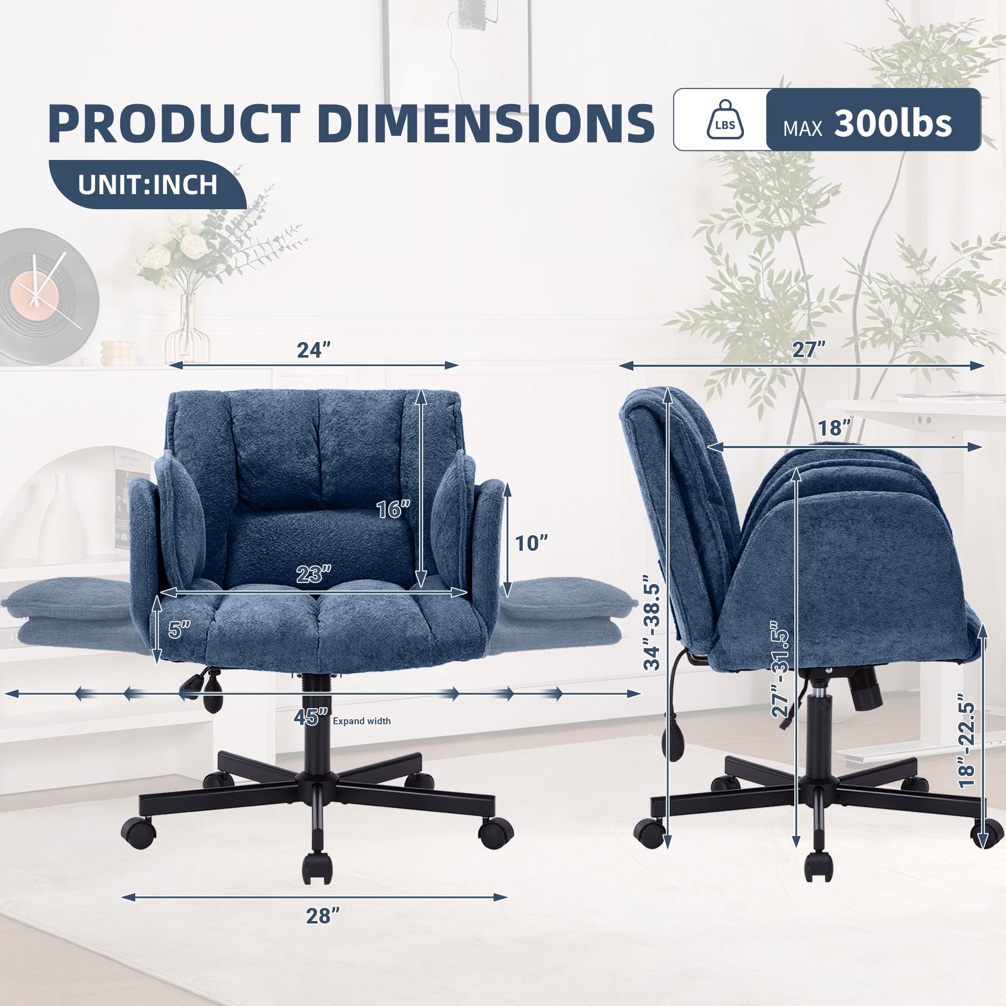 Cross Legged Office Chair with Wheels & Dynamic Airbag Lumbar Support, Criss Cross Wide Seat, 5-Position Fold-Down Armrests, Swivel Vanity Chair for Home Office, Blue