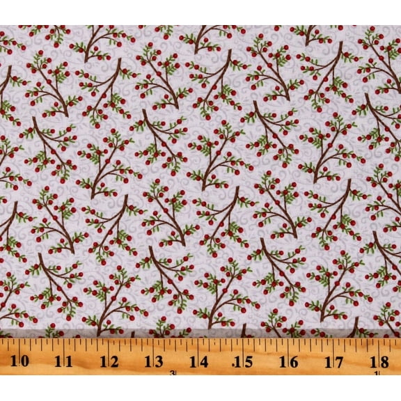 Cotton Christmas Hollies Holly Leaves Berries Holiday Greenery Evergreens Snow Place Like Home Gray Cotton Fabric Print by the Yard (5170-13)