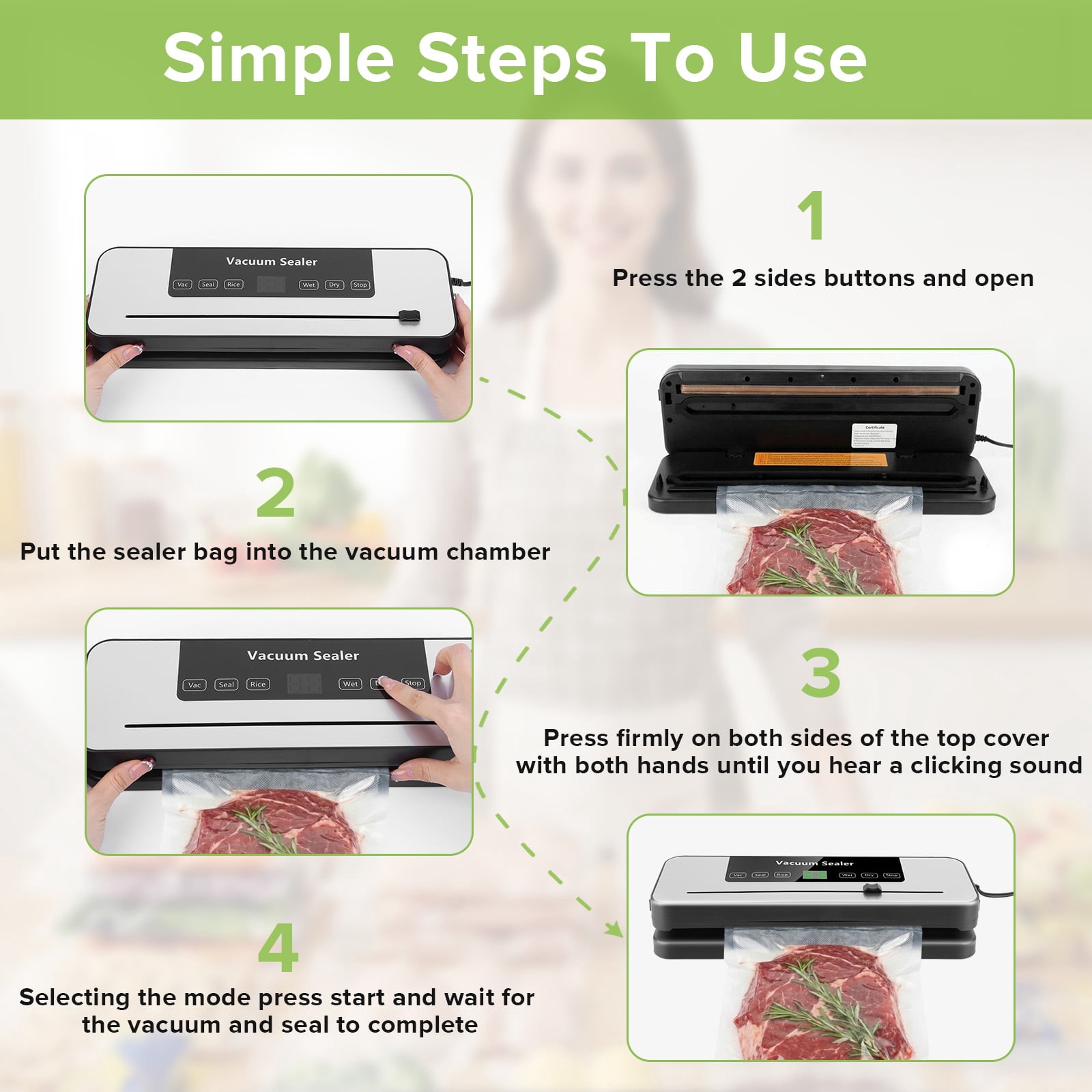 Yucurem Vacuum Sealer Machine with 50 Bags, Auto Vacuum Sealer for Food with Dry & Moist Modes, Built-in Cutter, Compact Design for Food Storage