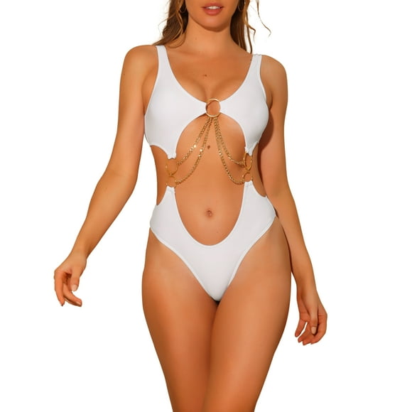 INSPIRAR CHIC Traje de baño de una pieza con corte en V y cadena dorada para mujeres, bañador blanco mediano