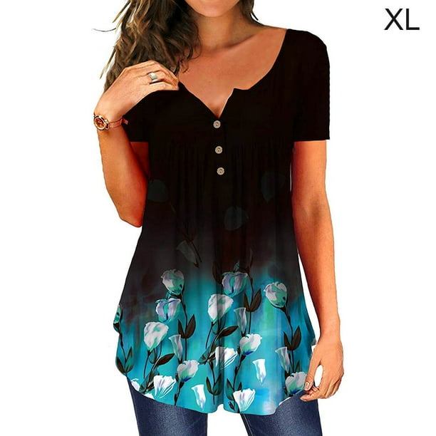 Camiseta de mujer Blusa casual Cuello en V Manga corta Botón Top, Negro Azul, XL Methold AP001374-19