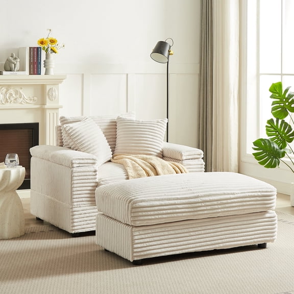 Muumblus Oversized Cloud Lounge Chair with Ottoman, Corduroy Accent Reading Armchair for Living Room, White