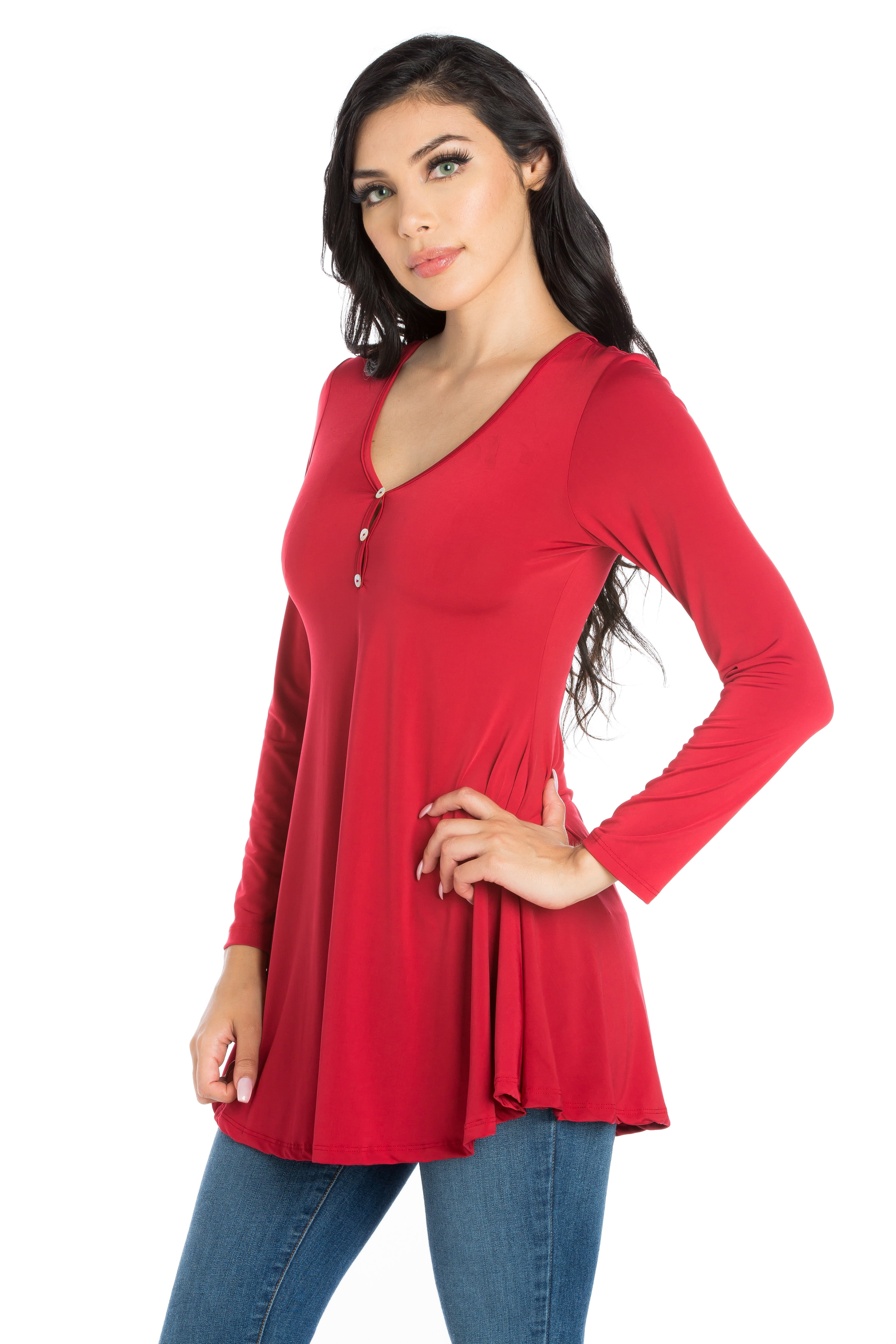 Women's Long Sleeve Three Button Henley Tunic Top