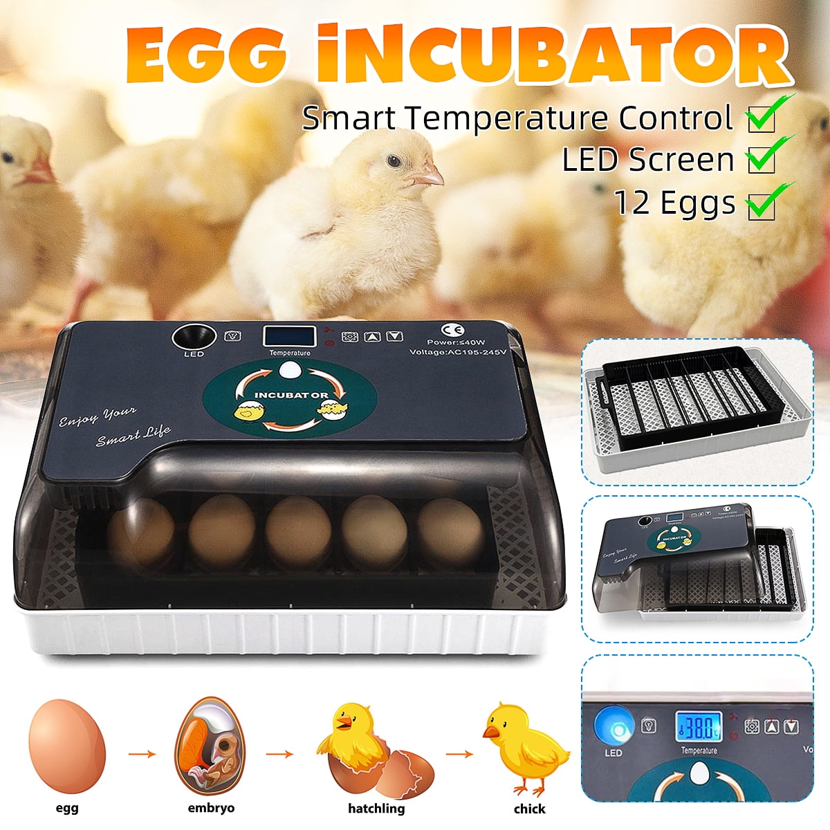 12 Chicken Eggs Incubator Automatic Turner Quail Bird Poultry Hatch Tray Farm 