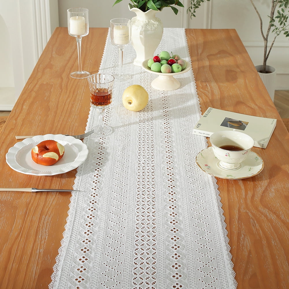 Lace White Table Runner Vintage Hollow Long Table Runners Doilies Dresser Scarf Placemat for Tea Party Dining Table Centerpiece Decor Wedding Party Decorations