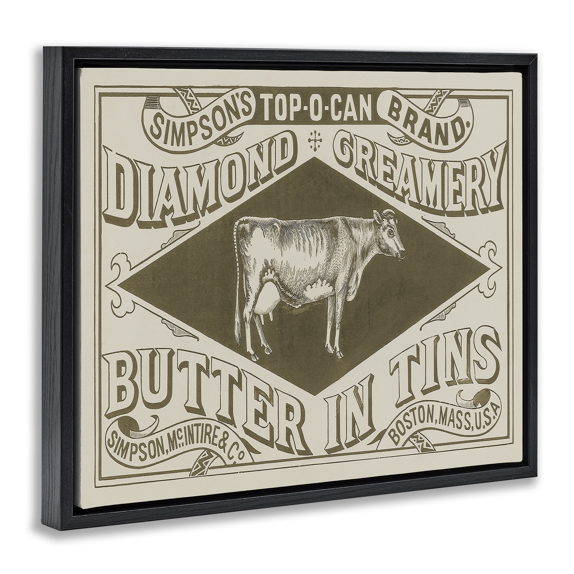 Stupell Industries Vintage Creamery Advertisement Food & Beverage Painting Black Floater Framed Canvas Art Print Wall Art, 21 x 17