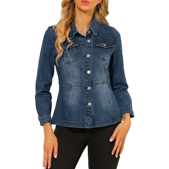 Allegra K Women's Button Down Long Sleeves Contrast Stitch Washed Denim Jacket