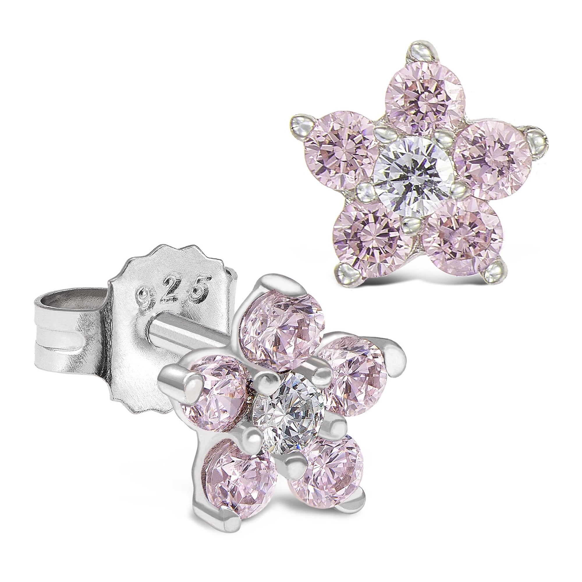 Tilo Jewelry 925 Sterling Silver Flower Stud Earring with Simulated Birthstone Pink Tourmarine with Cubic Zirconia CZ Stones - Pushback | October