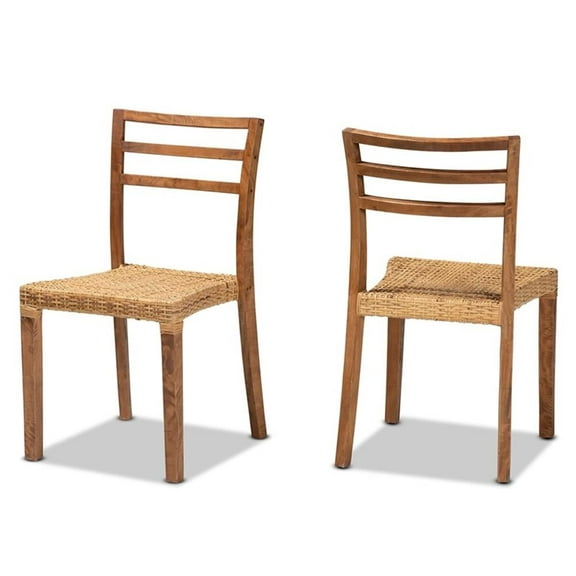 Pemberly Row Modern Brown Wood and Rattan 2-Piece Dining Chair Set