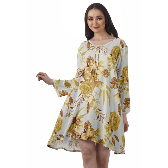 Moomaya Robe Évasée en Rayonne pour Femmes Manches Longues Imprimée Col en V Décontractée Robe de Plage pour Filles