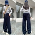 thumbnail image 5 of Efsteb Girls Drawstring High Waisted Sweatpants Thin Fleece Wide Leg Split Baggy Pants Workout Trousers Pants (Navy,13 Years), 5 of 8
