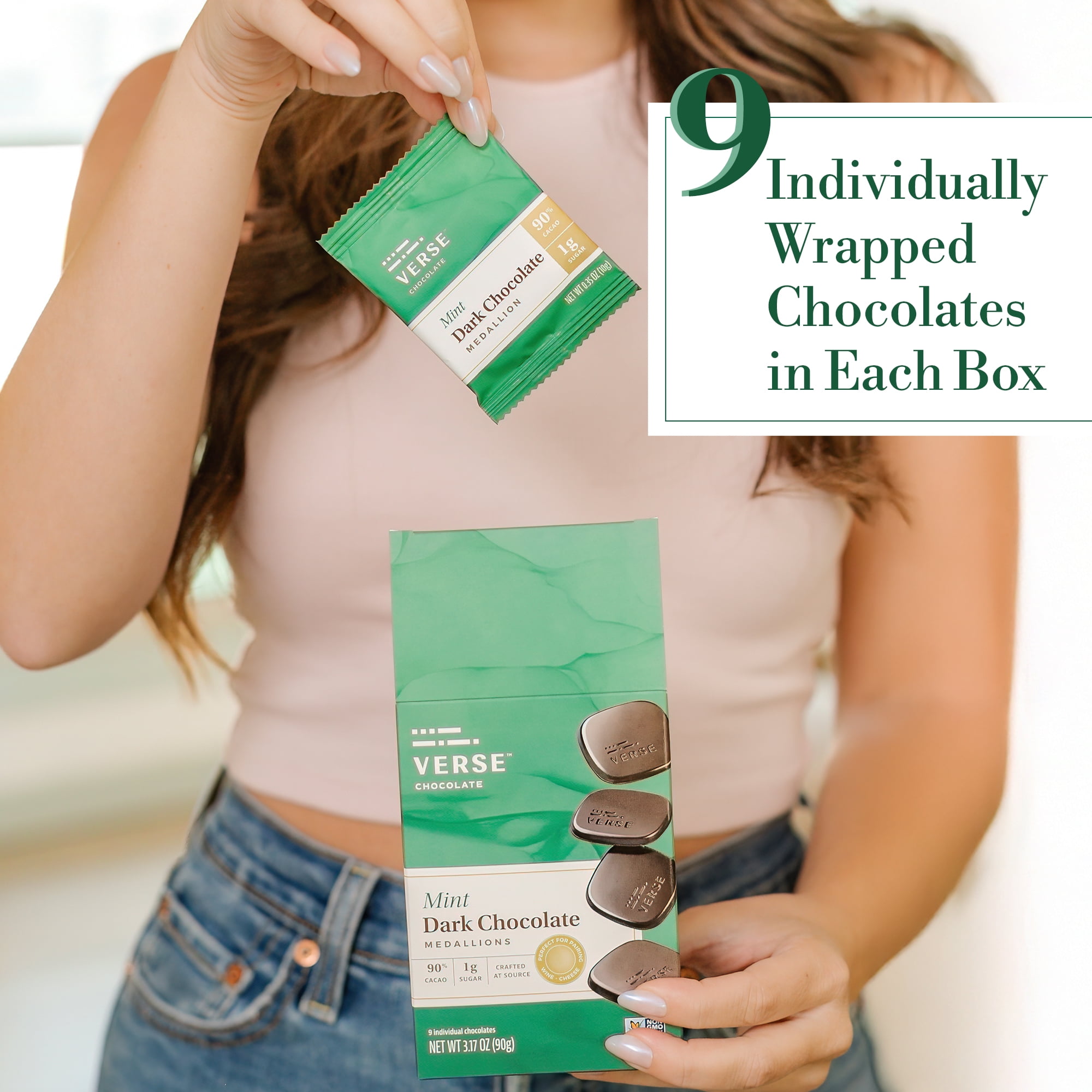 Verse 90% Dark Chocolate Mint Squares - Gluten Free, Keto, Low Sugar Snack - Creamy Dark Cocoa - Only 1g Cane Sugar- Individually Wrapped Vegan Cacao Chocolate Squares (9 Count, 4 Pack)