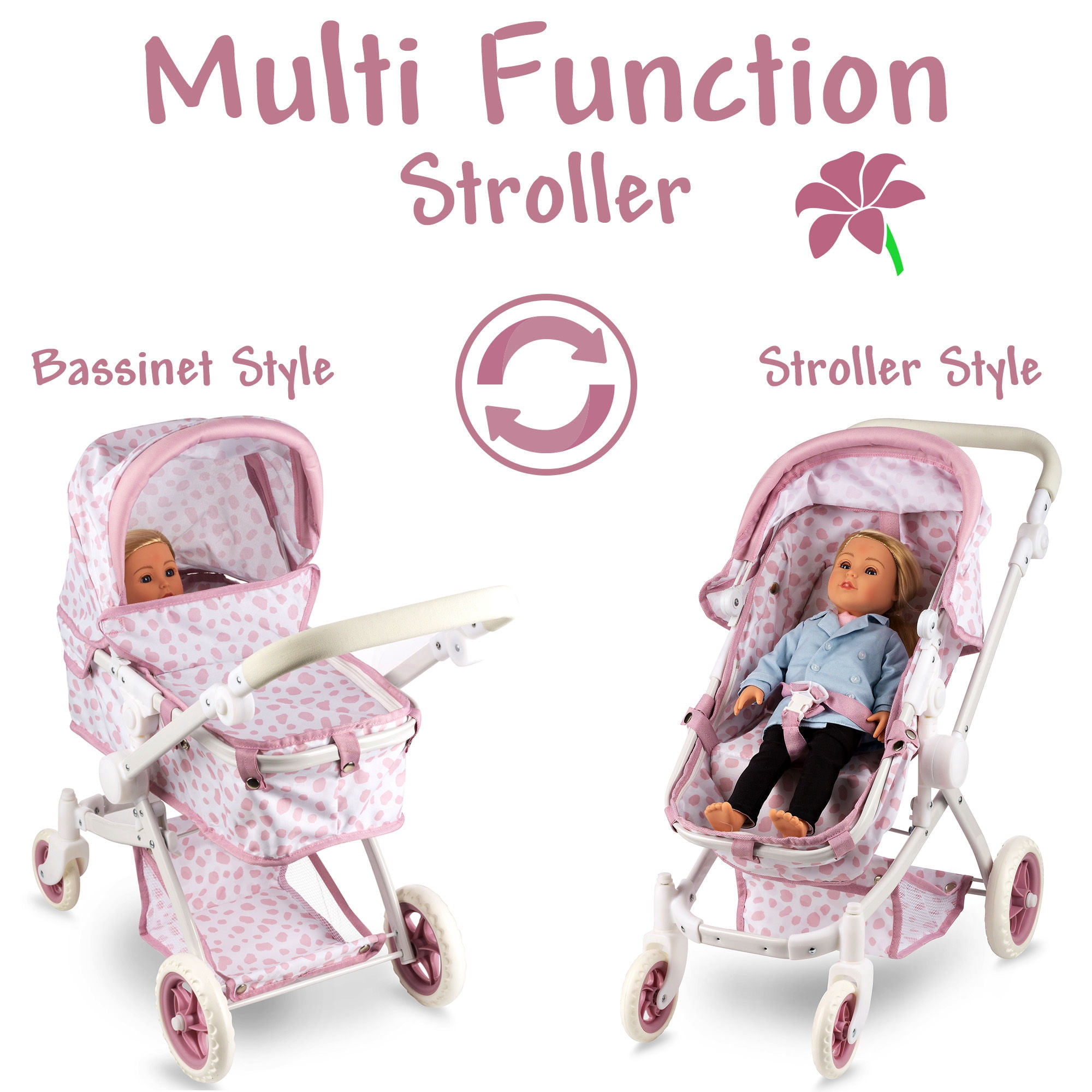 HUSHLILY - Convertible Baby Doll Stroller for Dolls - Bassinet Toy Buggy for Toddlers 3 Years and up, Adjustable Seat & Handle with Storage Basket, Pink Polka Dot Design for Kids