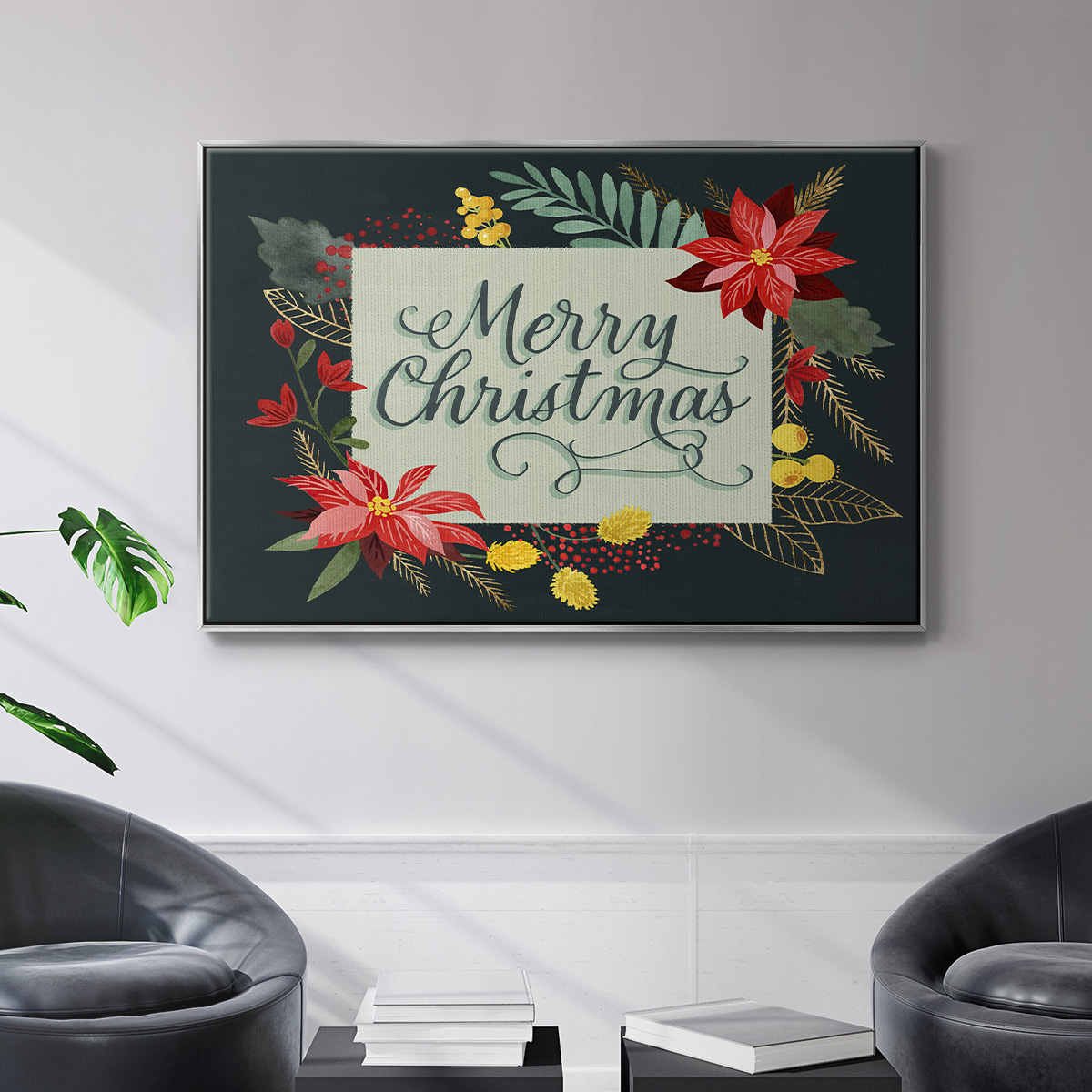 Bright Christmas Night I - Framed Gallery Wrapped Holiday Canvas - 25 x 37 - Silver Frame