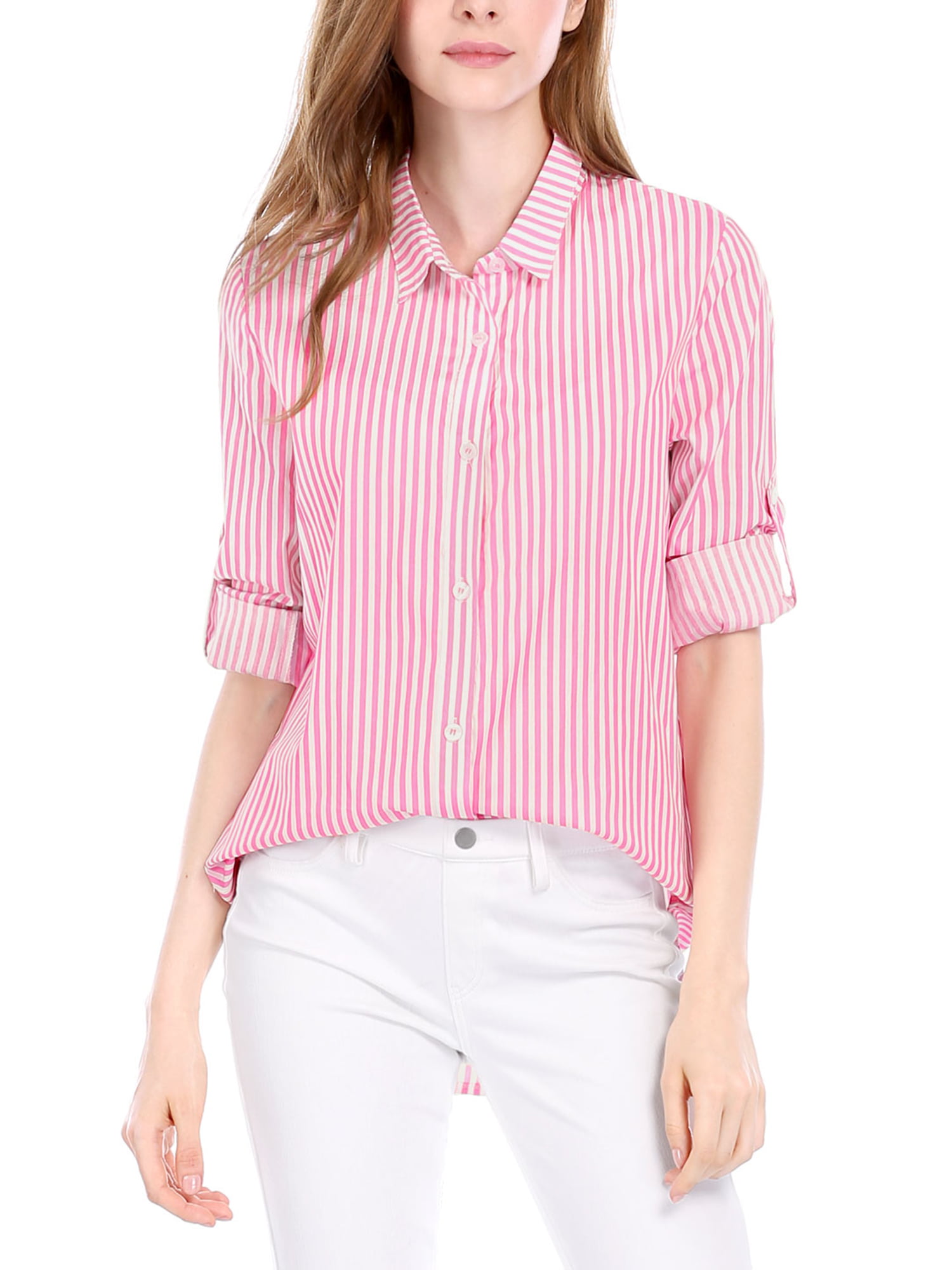 Allegra K Women's Button Down Roll-up Long Sleeves Lapel Collar Shirt ...