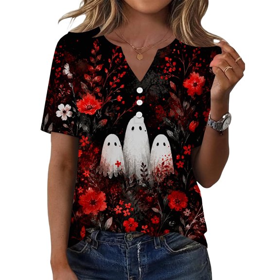 LIIPEE Fall Short Sleeve T Shirts For Women V Neck Halloween Graphic Tees Ladies Party Tshirt,S-XXL