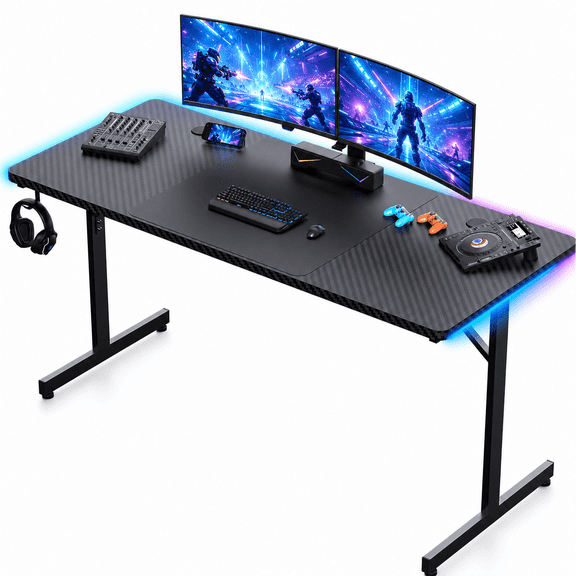 GTPLAYER 55" Large RGB Sturdy Gaming Desk with Mouse Pad T-Shaped Office Chair Computer Desk Spacious Work Surface Table, Black