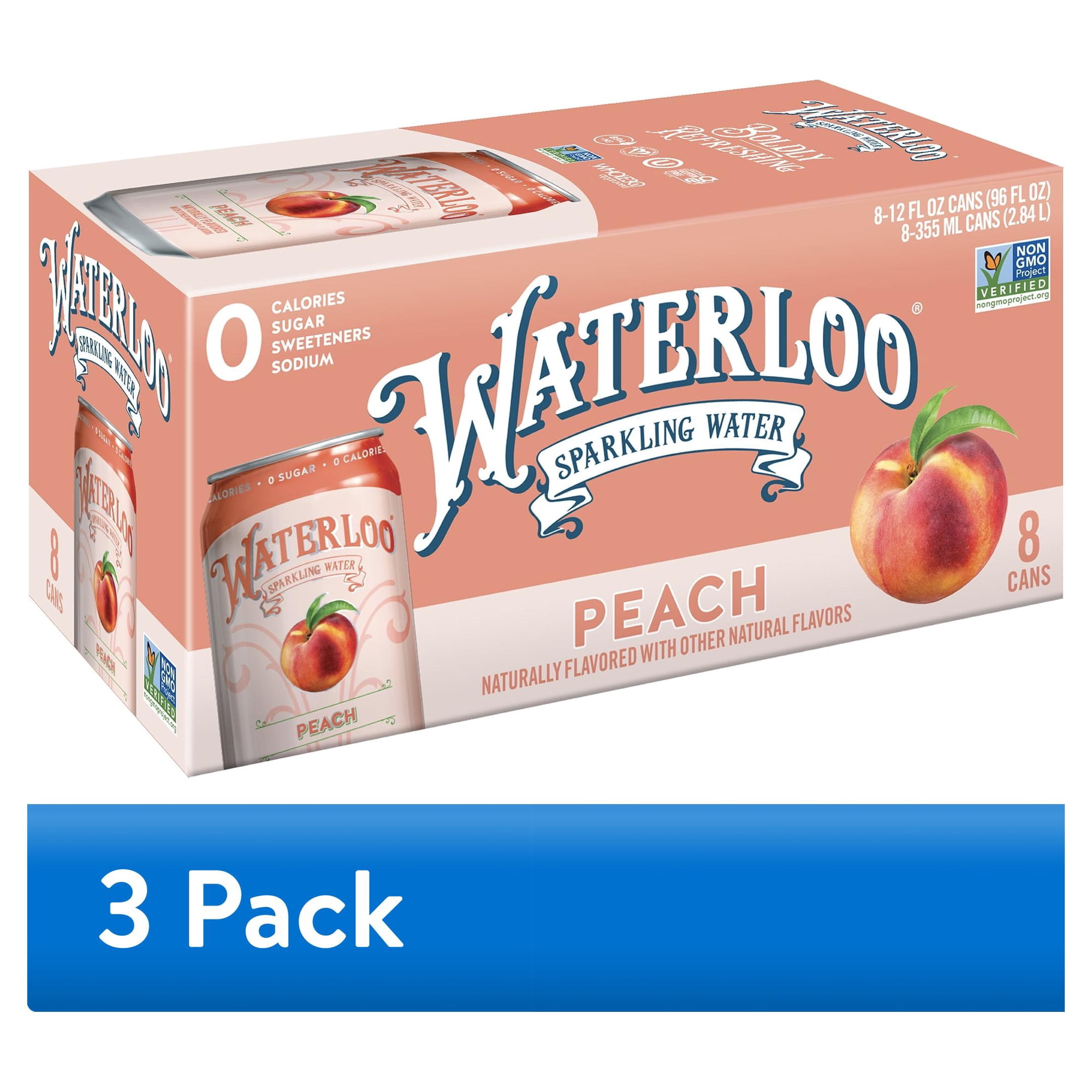 (3 pack) Waterloo Sparkling Water, Peach, 12 fl oz, 8 pack cans