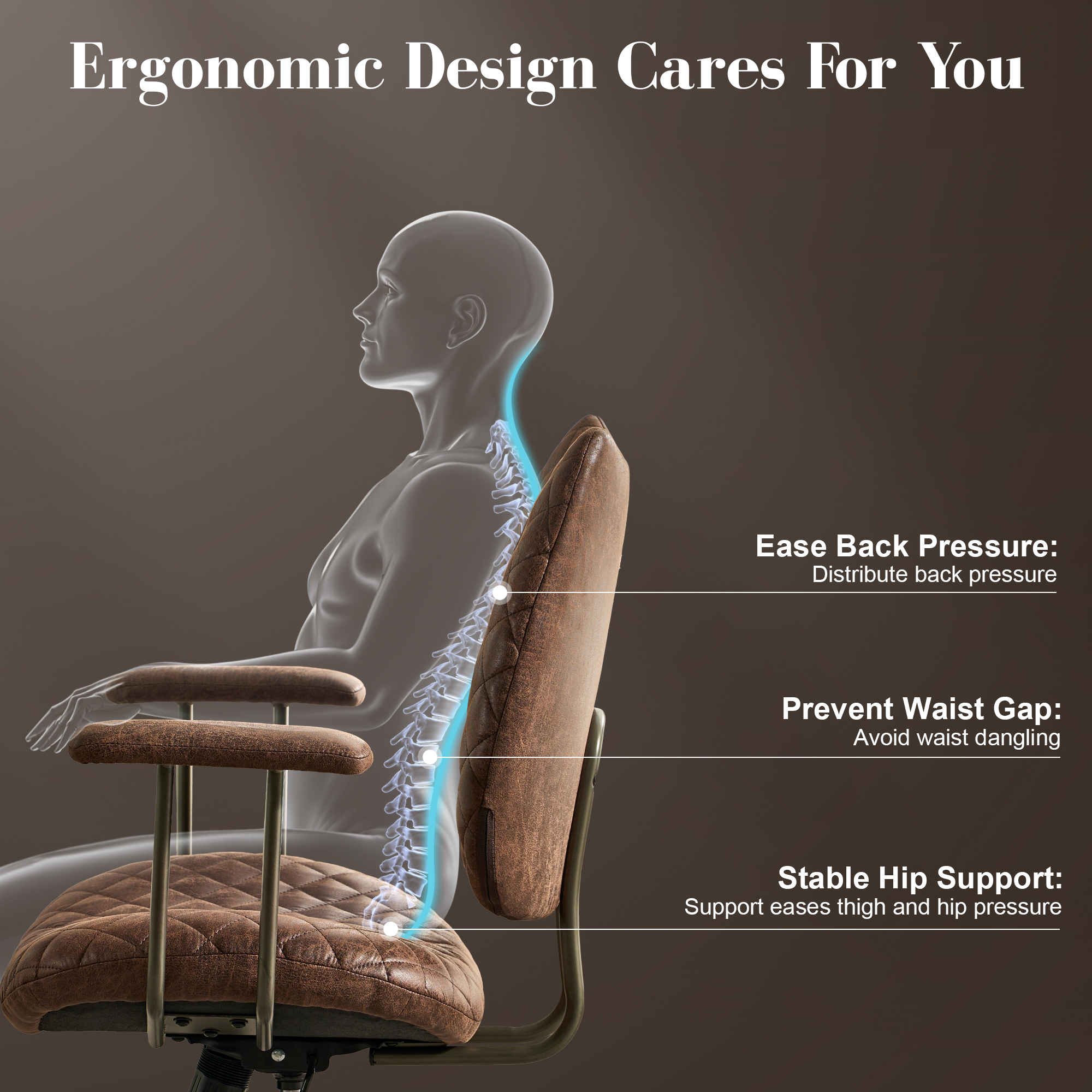 Toject Leather Office Chair, Mid Back Home Office Chair with Lumbar Support, Ergonomic Computer Chairs, Executive Desk Chairs with Thickened Cushions, Task Chairs for Offic, Suede Leather, Dark Brown