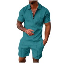 Dpytoraw Men's Casual Striped Printed Two Piece Zippered Lapel Short Sleeved Shirt Drawstring Pocket Short Set