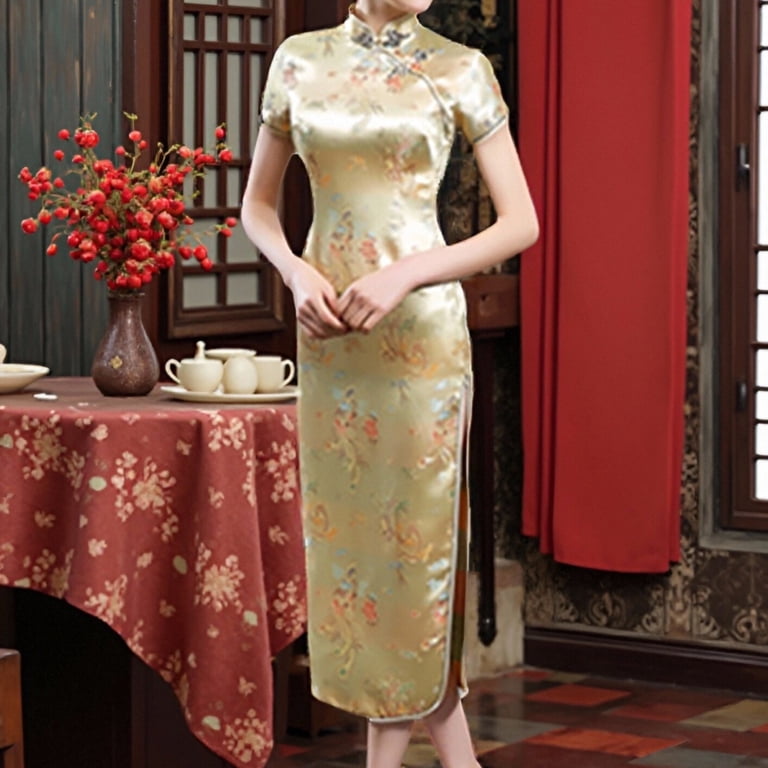 gcong Cheongsam Dress for Women Qipao Slim Fit Short Sleeve Bodycon  Mandarin Collar Side Slit Chinese Floral Print Dragon Dress Wedding Guest  Dresses for Women Gold - Walmart.com