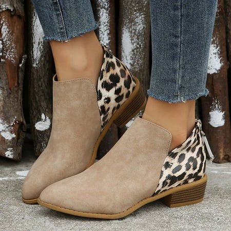 

DAETIROS Shoes for Women Large size Side zipper suede Martin boots Chunky heel Leopard print Short boots Home Holiday Womens Shoes Khaki Size 5.5