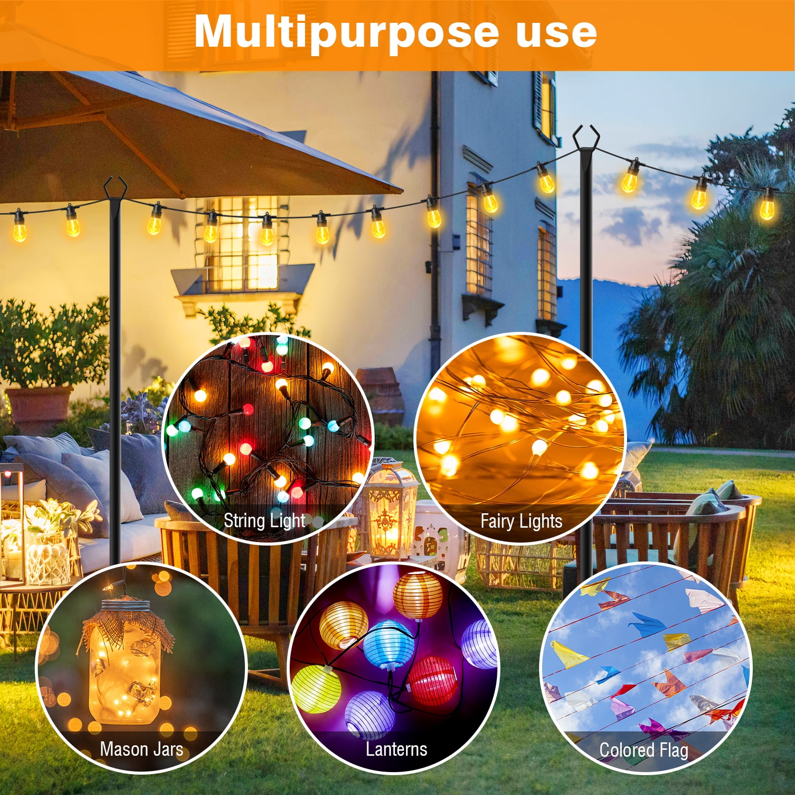 2Pack 10FT Outdoor String Light Poles with Fence Brackets, Heavy Duty Metal Light Stand for Hanging String Lights, Weatherproof Deck Patio Backyard Garden Light Pole for Wedding Party Holiday Decor