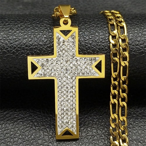 Christian Cross Jesus Necklace for Women/Men Silver Color Rhinestone 14K Yellow Gold Punk Chain Jewelry colar masculino