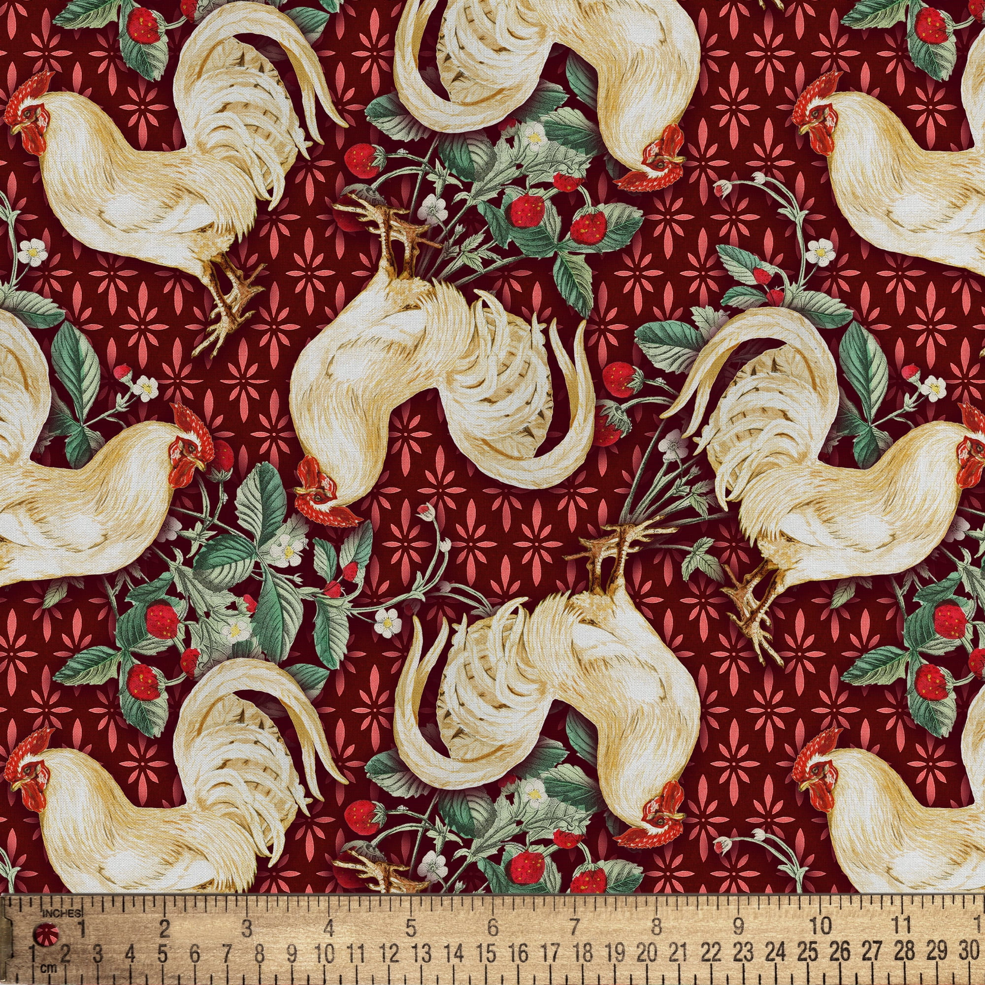 1 Yard 100% Cotton Country Toss Chicken, Red, 44" Wide for Quilting & Sewing by David Textiles
