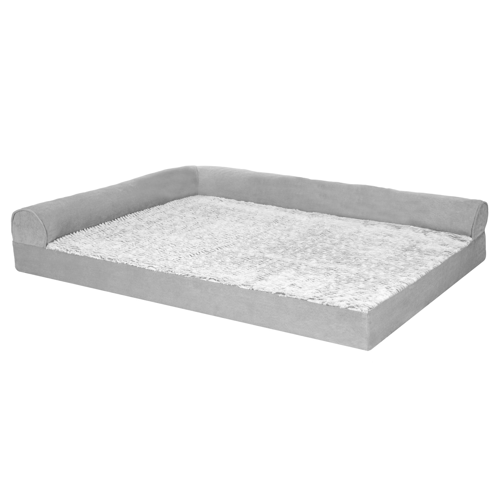 FurHaven Embossed Faux Fur & Suede Orthopedic Deluxe L-Chaise Pet Bed for Dogs & Cats - Gray, Jumbo Plus