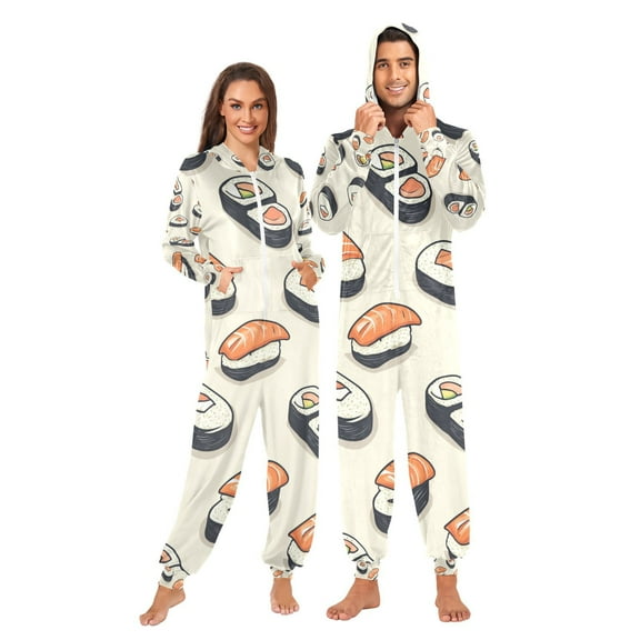 Delicious Sushi Adult Onesie Pajamas Slim Fit Christmas One Piece Suit Pjs for Women and Men Hooded Zipper