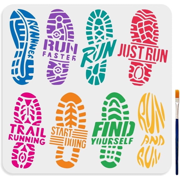 8 Styles Shoe Print Stencil 11.8×11.8inch Footprints Stencil with Paint Brush Reusable Sport Running Prints Drawing Template for Craft Furniture Fabric Wall colorful DIY