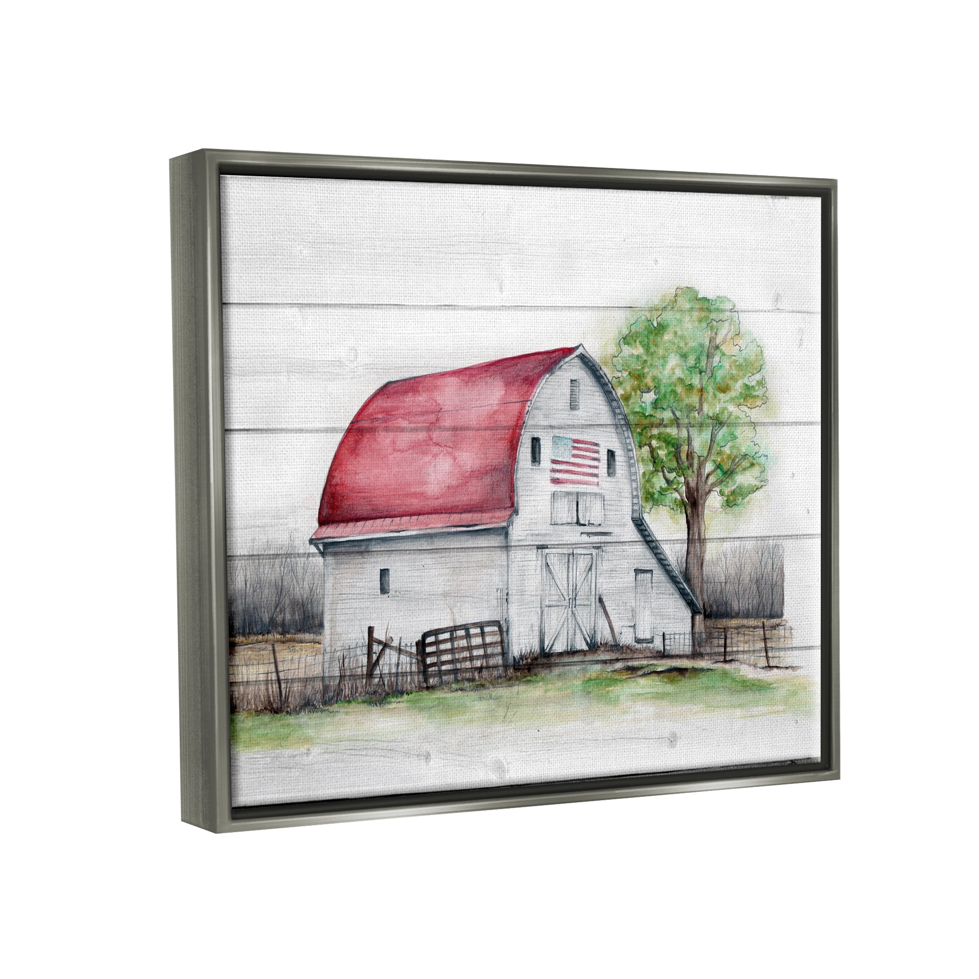 Stupell Industries Rustic Americana Barn Landscape Painting Gray Floater Framed Canvas Art Print Wall Art, 21 x 17