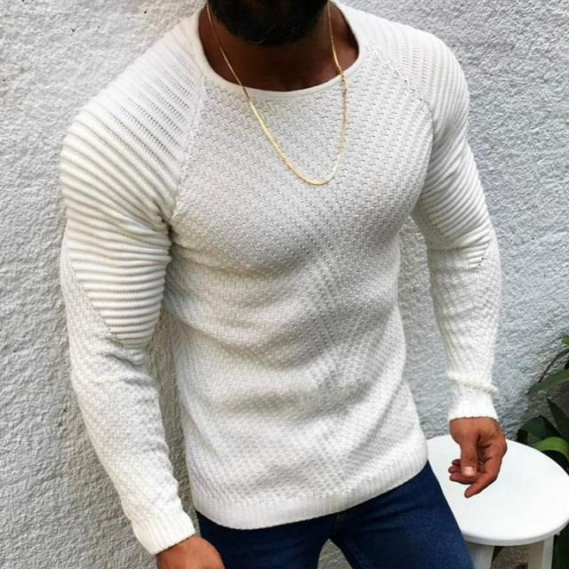 TIMIFIS Chandail Blanc pour Homme à Col Rond, Coupe Ajustée, Chandails Légers, Chandail Tricoté pour Tenue Décontractée Ou Habillée Automne/hiver