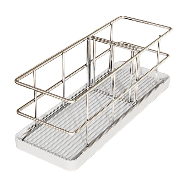 Organizador de fregadero de acero inoxidable, soporte para esponja, jabonera, estante de almacenamiento para fregadero bandeja blanca