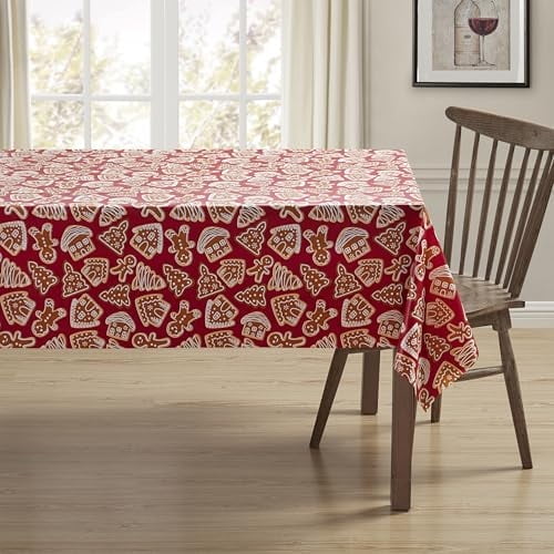 Serafina Home Holiday Christmas Vinyl Tablecloth with Flannel Backing: Tablecloth Reusable (Gingerbread) 52" x 70"
