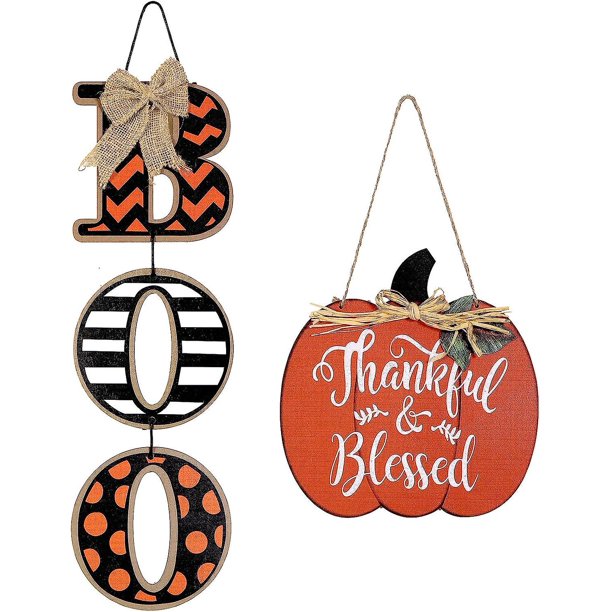 Signo de Boo y calabaza de madera, signo de agradecimiento y bendición, cosecha, decoración de Halloween, decoración de puerta de pared colgante de Acción de Gracias