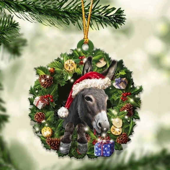 Acrylic 2D FLAT - Donkey and Christmas Wreath Ornament gift for Donkey lover ornament - Holiday Tree Decoration