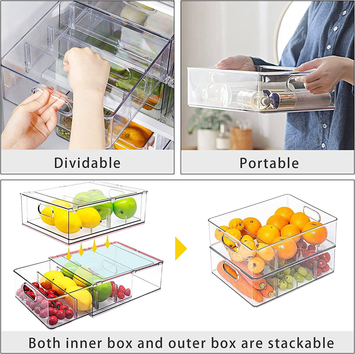 Slideep 11'' Large Food Storage Containers, Fridge Produce Saver 2 Tier  Stackable Refrigerator Organizer with Lids and Removable Drain Tray Drawers