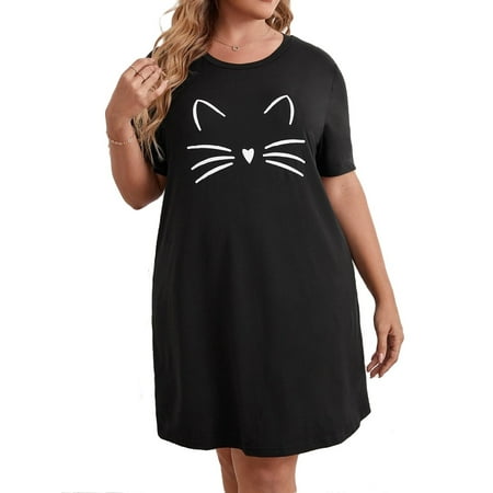 

Cute Cartoon Round Neck Sleepshirts Short Sleeve Black Plus Size Nightgowns & Sleepshirts (Women s)