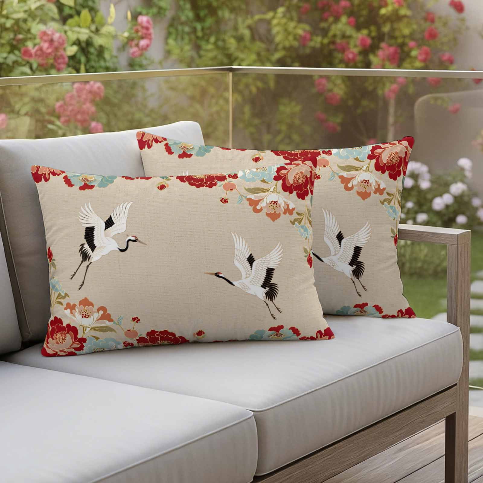 Pack of 2 Rustic Crane Outdoor Pillow Covers Decorative, Waterproof Pillow Protector, Vintage Red Teal Spring Floral Botanical Lumbar Throw Pillowcases for Patio Couch Sofa Home Decor 20"x12"