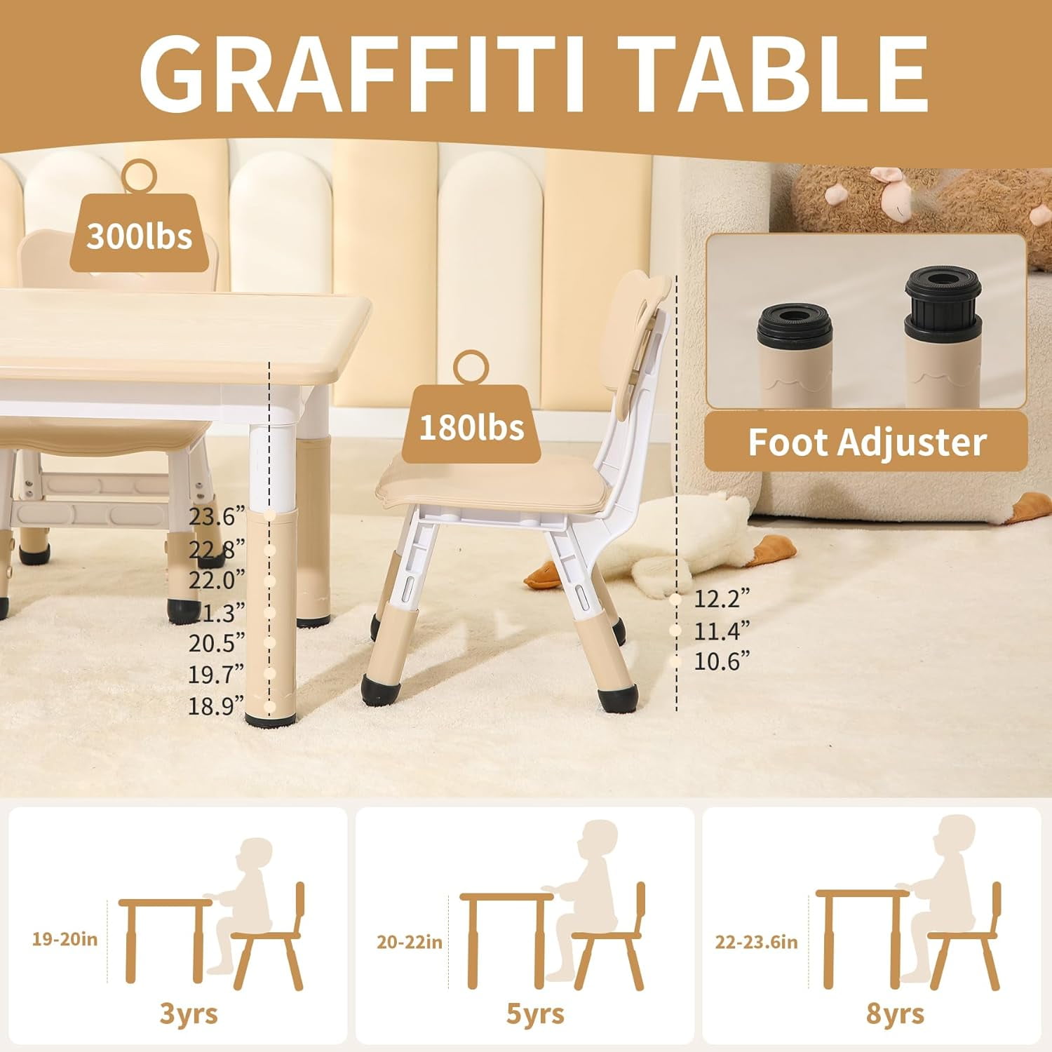 Toddler Table and 2 Chairs, Height-Adjustable Kids Table and Chairs Set, 31.5''L x 23.6''W Children Activity Table for Boys and Girls Aged 3-8