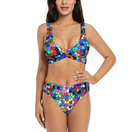 Zeuib Colorful Tie Dye Stained Glass 2 High Waisted Tummy Control Bikini Set - Knot Front Push Up Top & Cheeky Thong Bottom  Two-Piece Swimsuit for Women-Medium