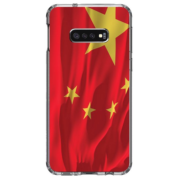 DistinctInk Clear Shockproof Hybrid Case for Samsung Galaxy S10e (5.8" Screen) - TPU Bumper, Acrylic Back, Tempered Glass Screen Protector - China Waving Flag Chinese