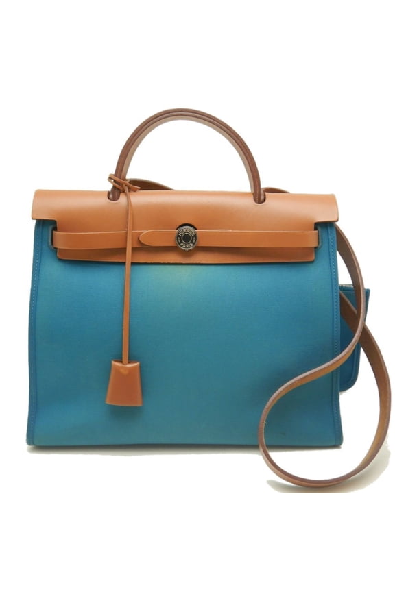 Pre-Owned HERMES Herms Airbag PM Handbag, Toile Officier Leather, Turquoise,... (Good)
