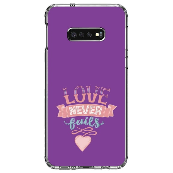 DistinctInk Clear Shockproof Hybrid Case for Samsung Galaxy S10e (5.8" Screen) - TPU Bumper, Acrylic Back, Tempered Glass Screen Protector - 1 Corinthians 13 - Love Never Fails - Heart