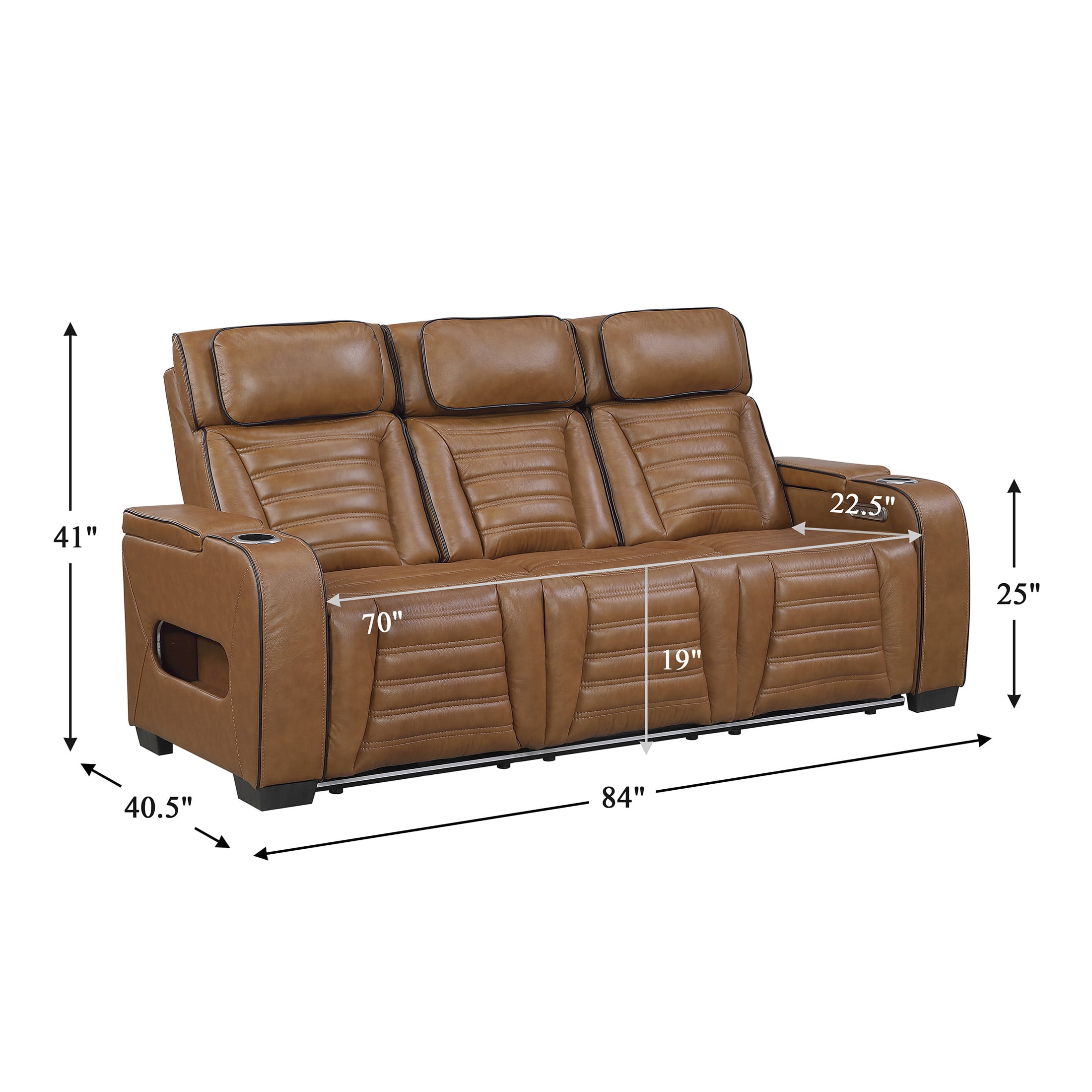 OakvillePark Elantra Leather Match Power Double Reclining Sofa with Center Drop-Down Cup Holder/Power Headrests/Storage Arms/Reading Lights/Wireless Charger/Air Massage/Heat/LED Lighting, Brown
