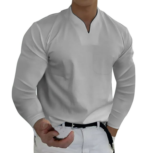 Men Spring Spring &Winter Casual V Neck Solid Long Sleeve Tee Shirt Top Blouse